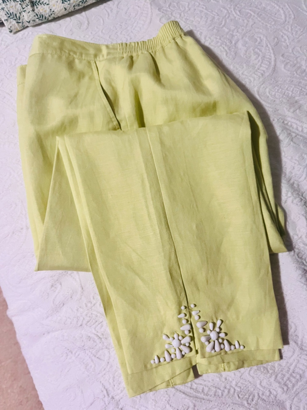 Linen Ankle Pants- Light Green with White Beaded Details
